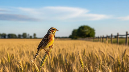 Yellowhammer (Emberiza citrinella) perched in a wheat fieldの写真素材