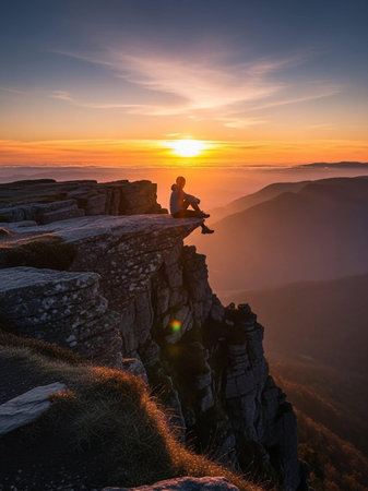 Man sitting on the top of the mountain and watching the sunrise.の写真素材