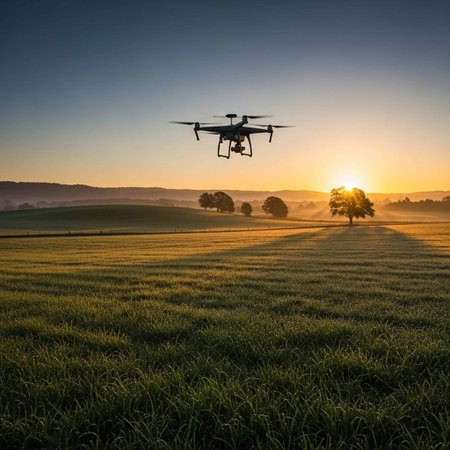 Drone quadcopter with digital camera flying over agricultural field at sunriseの写真素材