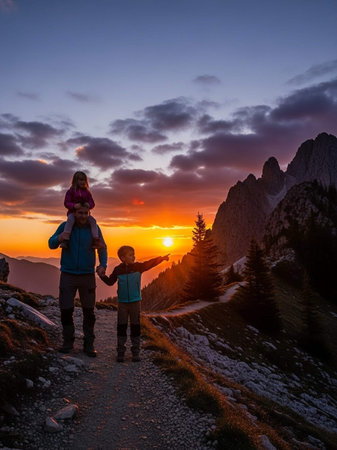 father and son hiking in the Dolomites at sunset, Italyの写真素材