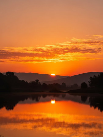 Beautiful sunset on the lake in the mountains. Landscape.の写真素材