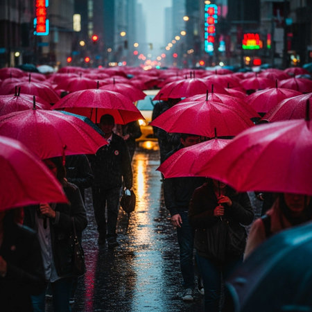 Unidentified people walking under red umbrellas on a rainy day.の写真素材