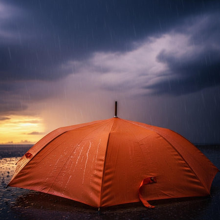 Orange umbrella under the rain with dramatic sky background. Copy space.の写真素材