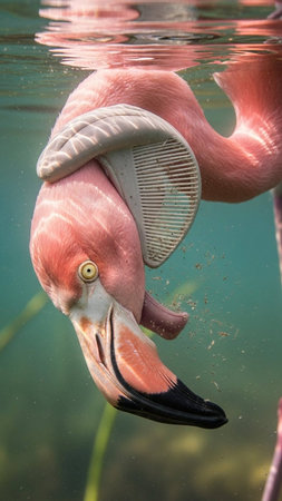 Flamingo in the water with a comb on his head.の写真素材