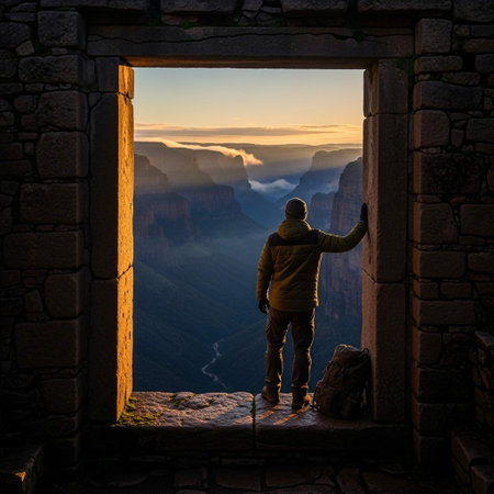 Man standing on the edge of a window and looking at the canyonの写真素材