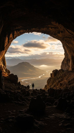 View from the cave to the sea at sunset, Tenerife, Canary Islands, Spainの写真素材