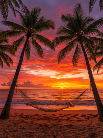 Hammock on the beach with palm trees at beautiful sunset.の写真素材