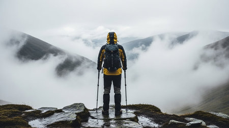 Hiker with backpack and trekking poles standing on the top of the mountain.の写真素材