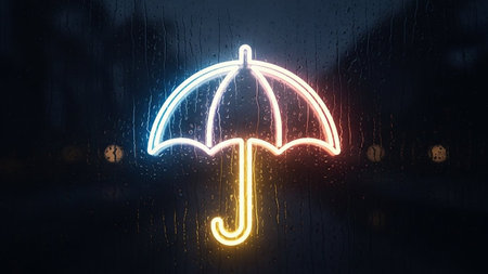 Glowing neon umbrella icon on wet asphalt background. 3D renderingの写真素材
