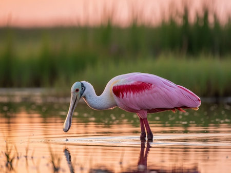 Roseate spoonbill (Platalea ajaja) at sunsetの写真素材