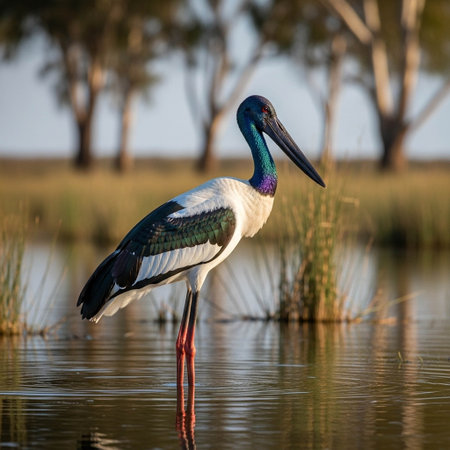 Black necked stork, Ciconia nigra, single bird in water, South Africaの写真素材