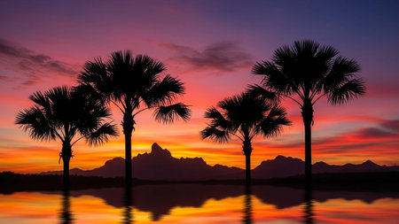 Silhouette of palm trees at sunset with mountain in the backgroundの写真素材