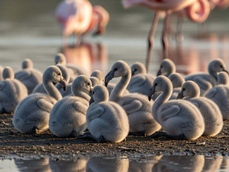 Flock of young flamingos on the lake shore in the sunの写真素材
