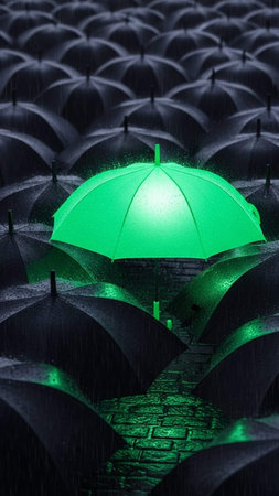 Green umbrella in the rain among black umbrellas. 3d illustration, copy spaceの写真素材