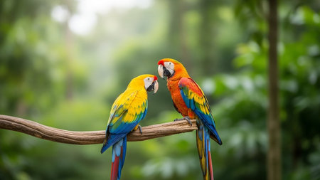 Colorful macaw parrots sitting on the branch in the forestの写真素材