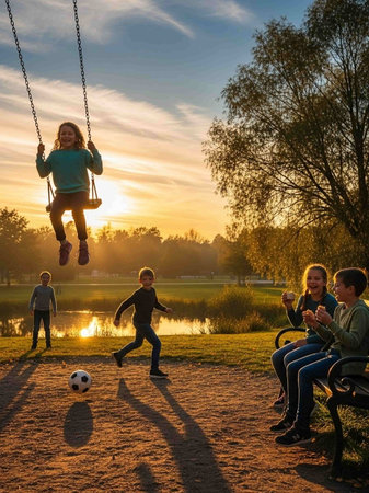 Children playing on swing in the park at sunset. Happy family having fun together.の写真素材