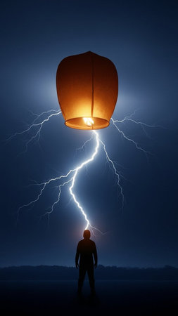 Man looking at a burning lantern in the night sky. Mixed mediaの写真素材