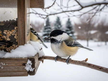 Black-capped Chickadee (Poecile atricapillus) on a bird feeder in winterの写真素材