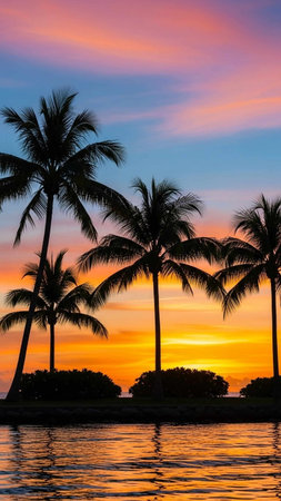 Silhouette coconut palm tree on the beach with sunset sky backgroundの写真素材