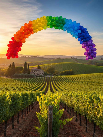 Colorful balloons on the vineyards in Tuscany, Italyの写真素材