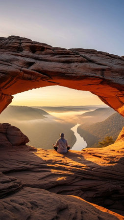 Man sitting in lotus position and meditating on the rock in the morningの写真素材