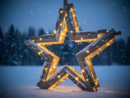 Christmas star made of wooden planks with garland lights in snowy forestの写真素材