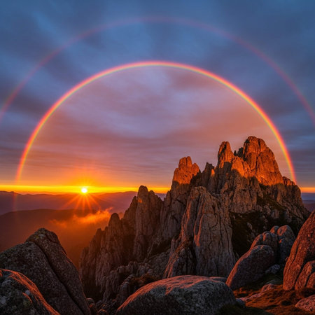 Sunset in the mountains with rainbow above the peak of the mountainの写真素材