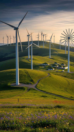 Wind turbines in a green field at sunset, California, USA.の写真素材