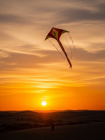 Sunset in the desert with kite flying in the sky.の写真素材