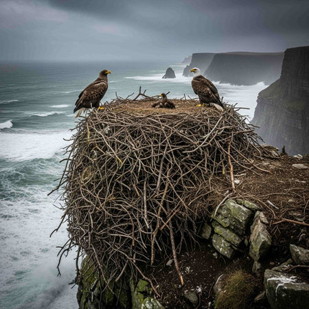 Eagle nest with chicks on the cliffs of Cliffs of Moherの写真素材