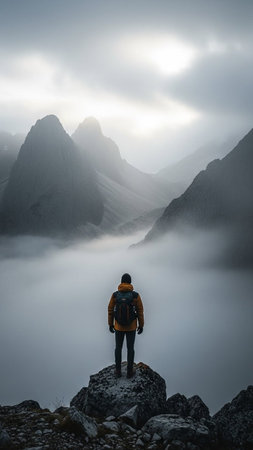 Man standing on top of a mountain and looking at the misty valleyの写真素材