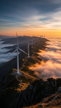 Wind turbines on top of a mountain at sunrise. Beautiful landscape.の写真素材