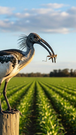 African Sacred Ibis (Threskiornis aethiopicus) in a cornfieldの写真素材