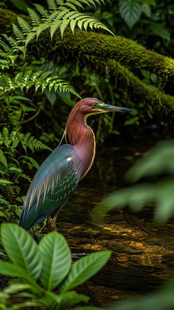Green heron in the rainforest of Costa Rica, Central Americaの写真素材