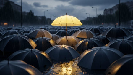 Umbrella in rain. Rainy weather. 3D renderingの写真素材