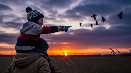 Cute little boy in a warm hat and scarf playing with a bird at sunsetの写真素材