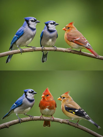 Collage of birds on a branch in a wild nature. Colorful birds.の写真素材