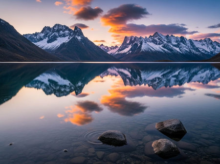 Reflection of mountains in a lake at sunset.の写真素材