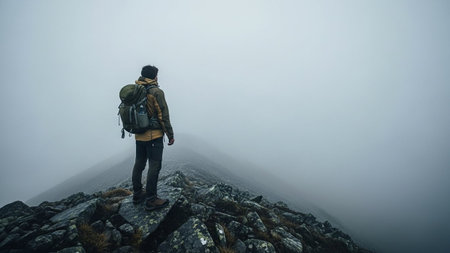 Hiker standing on top of a mountain in a foggy dayの写真素材