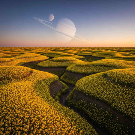 Aerial view of Rapeseed field and full moon at sunsetの写真素材