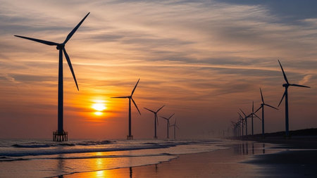Wind turbines on the beach at sunset, North Sea, Netherlands.の写真素材