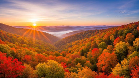 Colorful autumn landscape in the mountains. Sunrise in the forest.の写真素材