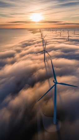 An image of wind turbines at sunrise in a foggy landscape.の写真素材