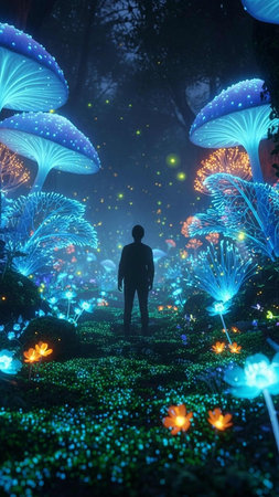 Futuristic night scene with man standing in front of colorful fireworksの写真素材