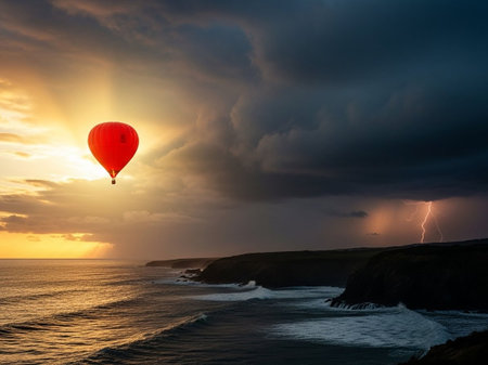 Red hot air balloon flying over the ocean at sunset with dramatic cloudsの写真素材