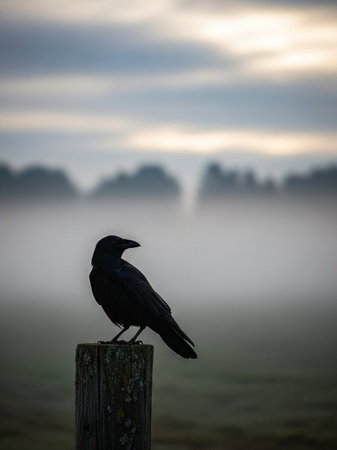 Crow sitting on a post in the morning mist, UK.の写真素材