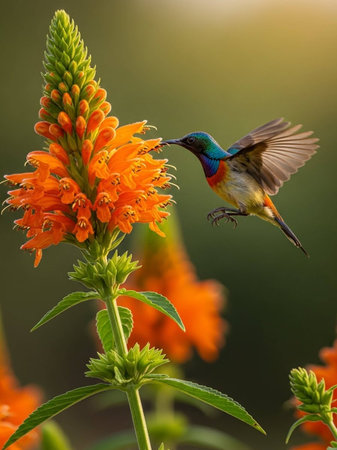 Sunbird in flight with orange flowerの写真素材