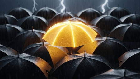 Umbrella in the rain, 3D rendering. Computer digital drawing.の写真素材