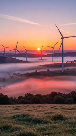 Foggy landscape with wind turbines at sunrise, Czech Republic.の写真素材