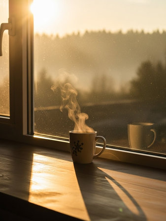 Cup of coffee on the windowsill in the morning mist.の写真素材